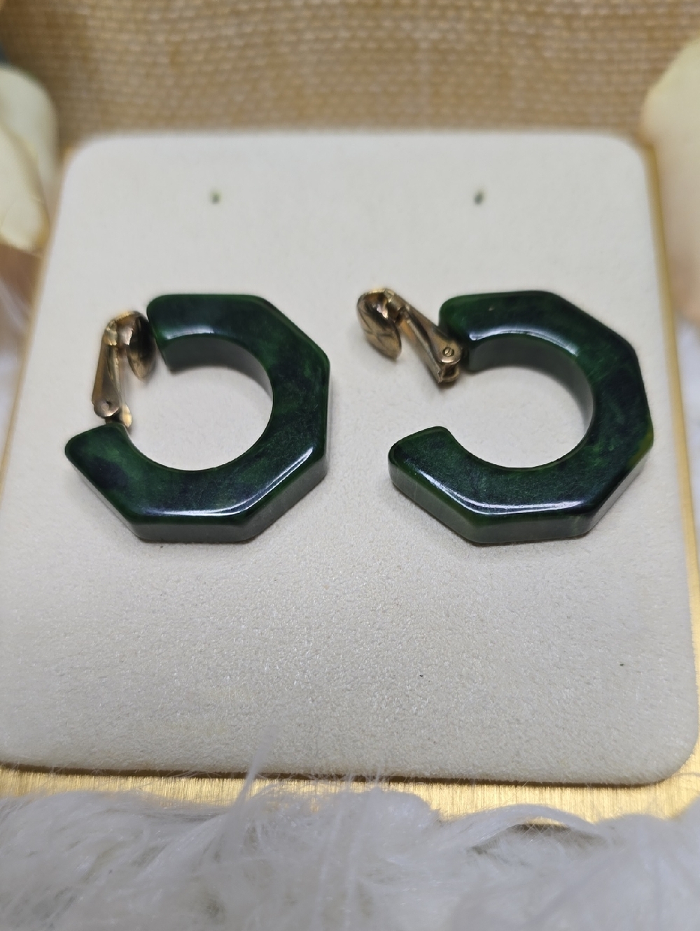 Bakelite Green Hexagon Hoop Clip Earrings - Vintage